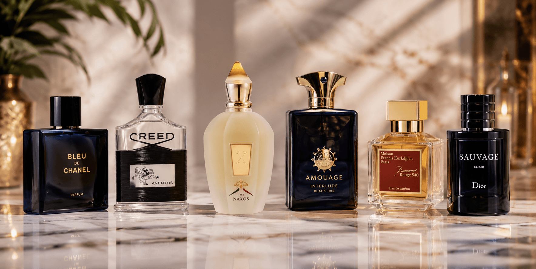 Seis frascos de perfume sobre mármol